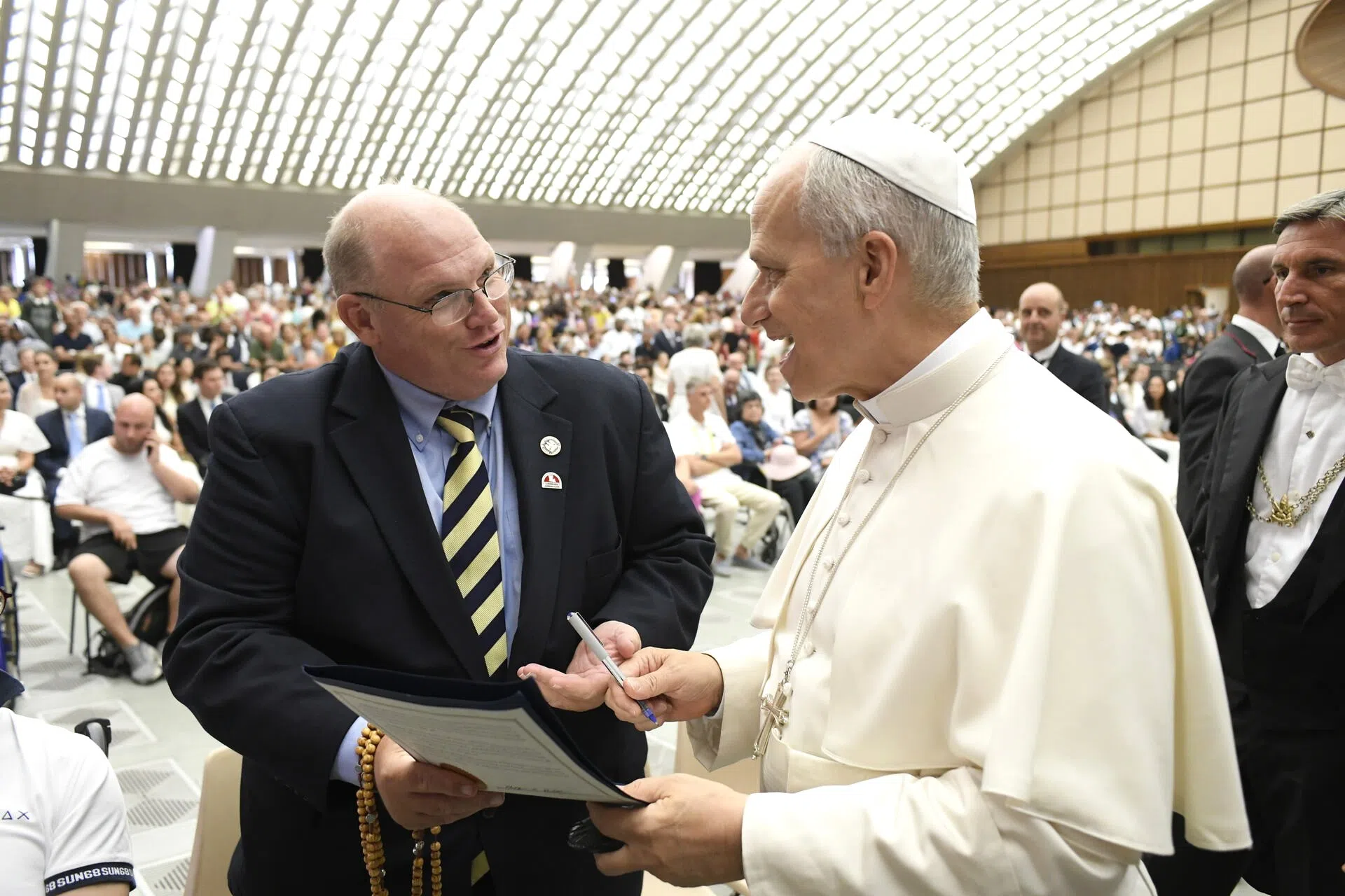 St. Bernard Parish representative Mike Bayham convenes with first American-born Pope Leo XIV at the Vatican