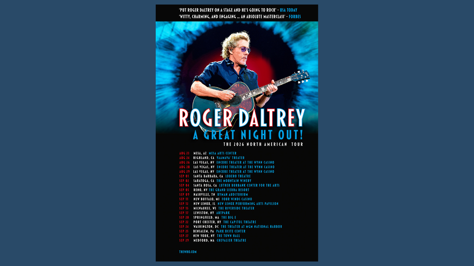 Roger Daltrey announces what may be his last solo tour of the US