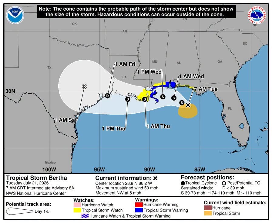 Tropical Storm Bertha appears to be strengthening as it approaches Louisiana